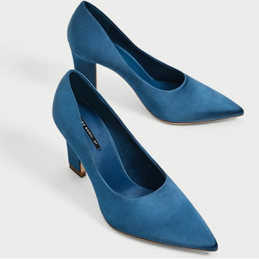 ZARA BLUE SATIN POINTED HIGH HEELS BRAND NEW WITH TAGS AND BOX EUR 38 US 7.5
